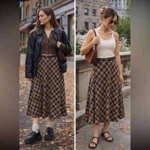 Cider Woven Middle Waist Checkered Plaid Brown Green A-Line Midi Skirt